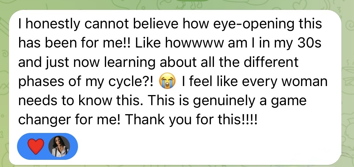 Member message saying Blood Money was eye-opening and a game changer for learning the phases of her cycle