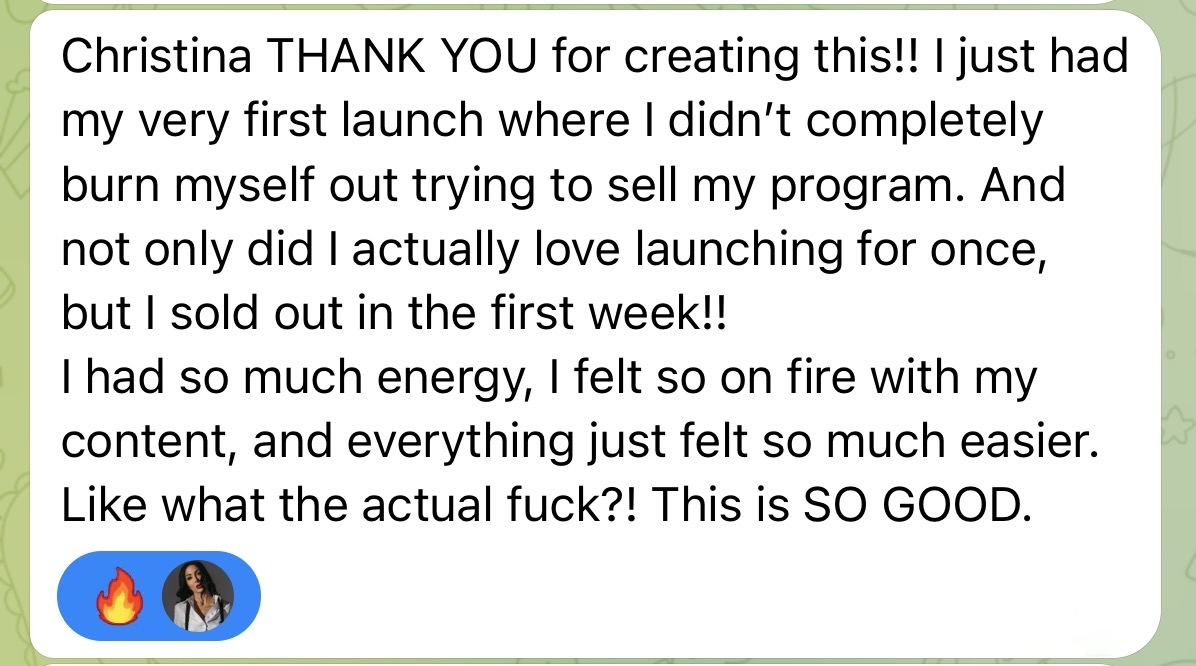 Member message saying she had her first launch without burnout, enjoyed launching, and sold out in the first week